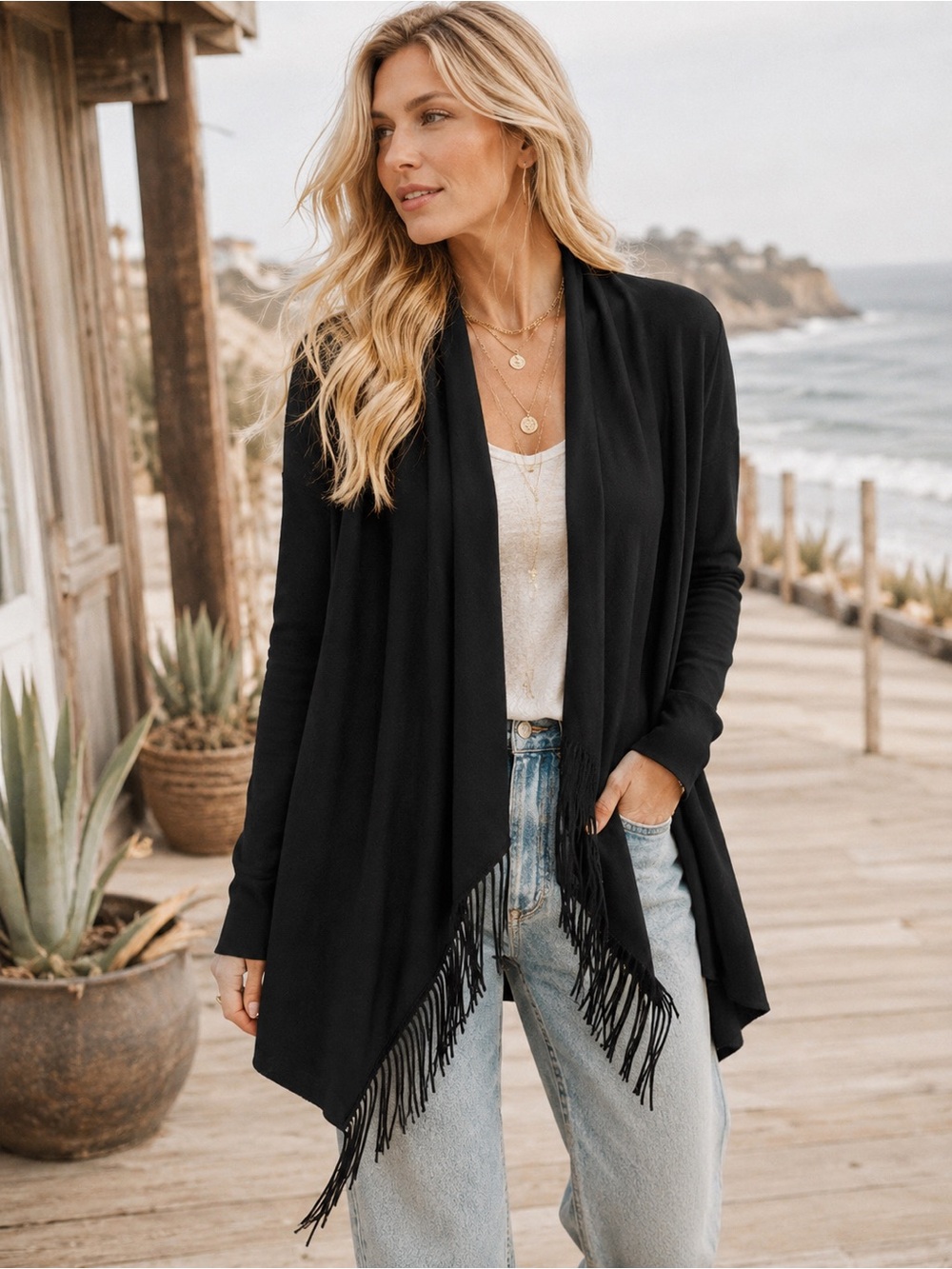 INC International Concepts Black Fringe Open-Front Women's Sweater Cardigan